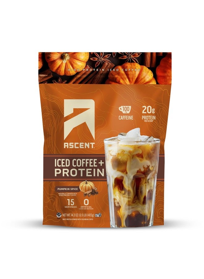 مسحوق بروتين قهوة أسنت المثلجة - مسحوق قهوة غني بالبروتين، 20 غرام بروتين و100 ملغ كافيين - 15 حصة، بنكهة اليقطين والتوابل