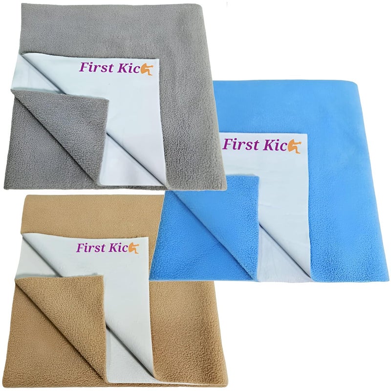 First Kick Waterproof Baby Bed ProtectorMattress Cotton Dry Sheet 100 cm X 70 cm for Born BabyKids BeigeFeroziGrey Medium Pack of 3 - Image 1
