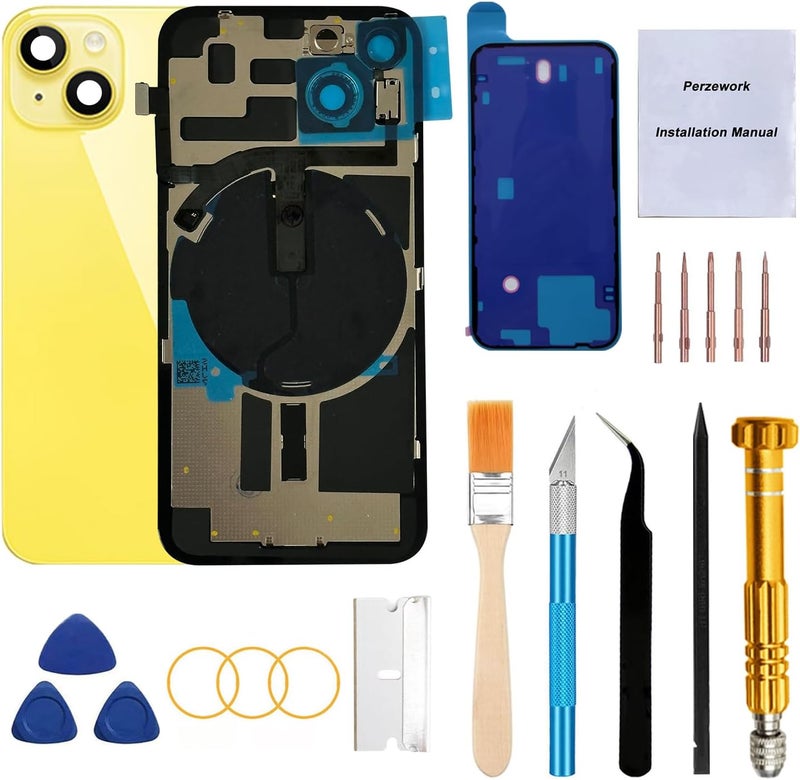 Perzework Rear Back Glass Replacement for iPhone 14 Plus 6.7-inches with Reparing Toolkit and All Necessary Parts (Yellow) - Image 1