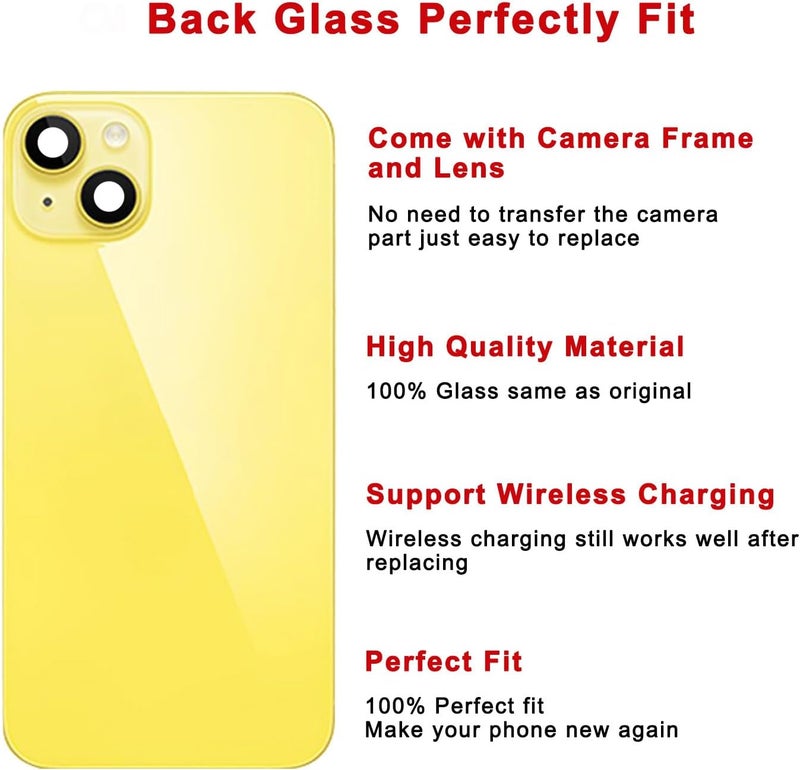 Perzework Rear Back Glass Replacement for iPhone 14 Plus 6.7-inches with Reparing Toolkit and All Necessary Parts (Yellow) - Image 3