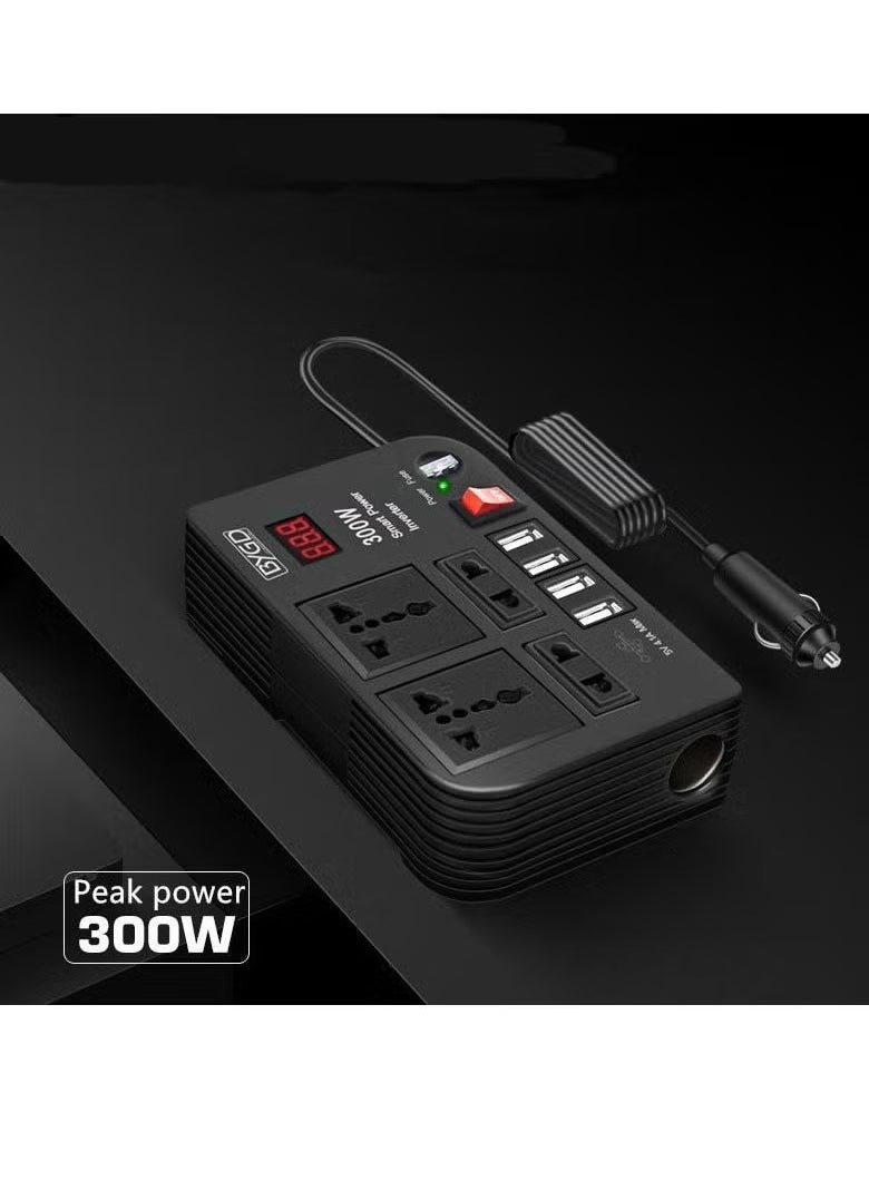 BYGD 300W Car Power Inverter – Converts 12V/24V DC to 220V AC with LED Display, 2 Universal AC Sockets, and 4 Fast-Charging USB Ports – Compact Vehicle Power Converter for Laptops, Phones, Tablets & Road Trips – Car Charger with Safety Protection & Multi-Device Support - Image 1