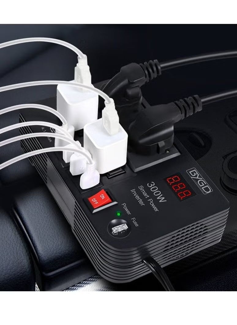 BYGD 300W Car Power Inverter – Converts 12V/24V DC to 220V AC with LED Display, 2 Universal AC Sockets, and 4 Fast-Charging USB Ports – Compact Vehicle Power Converter for Laptops, Phones, Tablets & Road Trips – Car Charger with Safety Protection & Multi-Device Support - Image 3