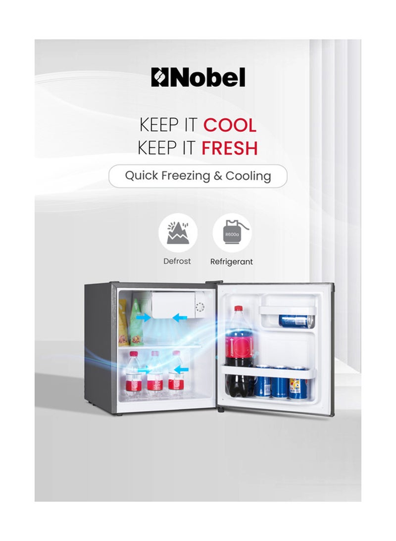 Nobel 65 L Gross /  47 L Net, Single Door Refrigerator, Defrost,  R600a Refrigerant,  Temperature Control, Inside Light, Inside Condenser, Outside Evaporator, Removable gasket, Climate Class T, Shelf, Bottle Rack, Adjustable Foot 47 L NR65S Dark Silver - Image 2