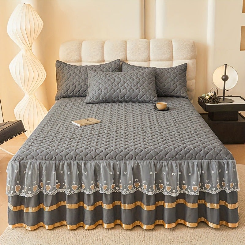 3pcs Set High-End Luxurious Quilted -Lined Lace Trim Bed Skirt Set: Bed Skirt *1 + Pillowcases *2. Skin-friendly, Breathable, Soft, and Comfortable Bed Skirt. Thickened and Warm Bedding for Autumn and Winter. Non-slip Mattress Protector, Solid Color - Image 5