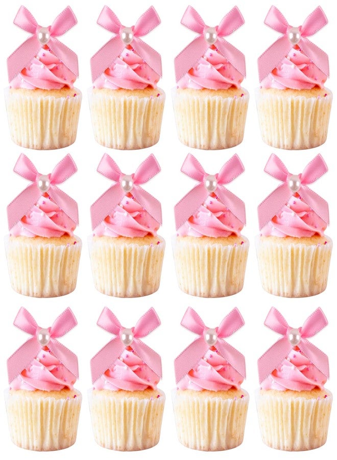 LEBERY 12 Pcs Mini Pink Pearl Bow Cake Toppers Pearl Bows Cake Decorations Ribbon Bowknot Birthday Cupcake Topper Pearls Bow Knot Ornament for Bachelorette Birthday Engagement Wedding Party Supplies - Image 1