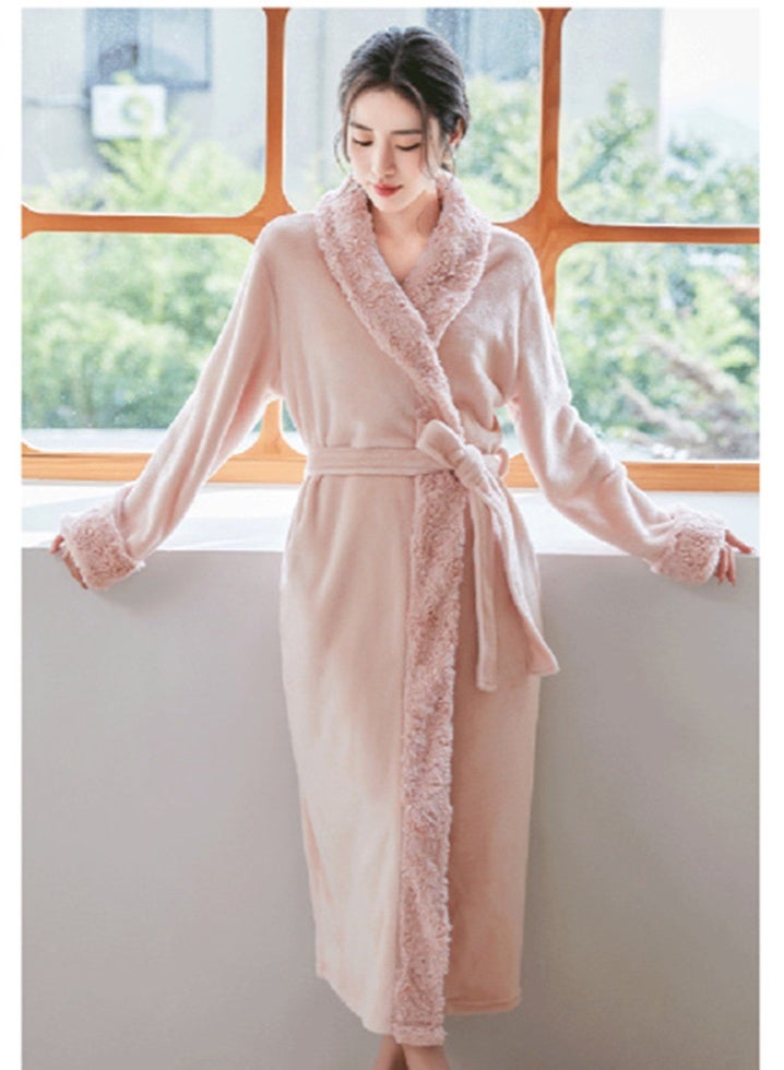 إسكدنيا المرأة طويلة سميكة لابل فستان ليلي فلانيل رداء حمام بيجاما مع حزام خفيف الوردي - Image 1