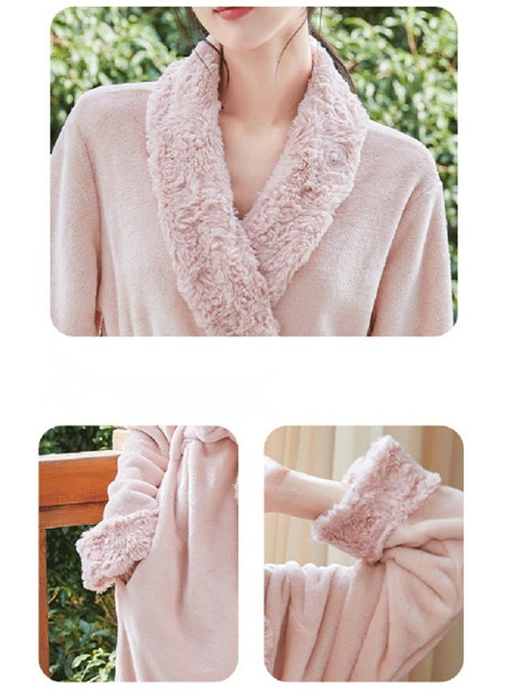 إسكدنيا المرأة طويلة سميكة لابل فستان ليلي فلانيل رداء حمام بيجاما مع حزام خفيف الوردي - Image 3