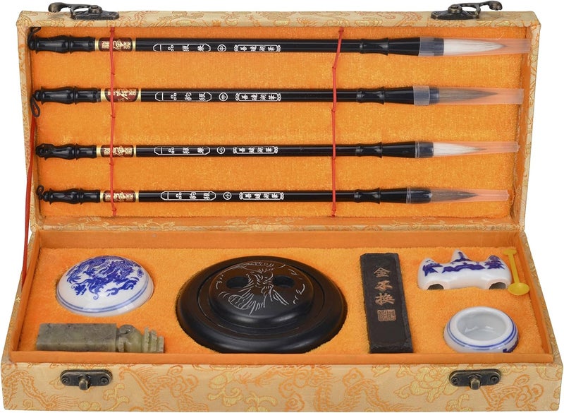 I-MART Chinese Calligraphy Set for Beginners with 4 Brushes, Ink Stone, Ink Stick, Red Ink Paste, Seal, Porcelain Water Bowl, Brush Holder, Calligraphy Kits for Beginners and Sumi Painting - Image 1
