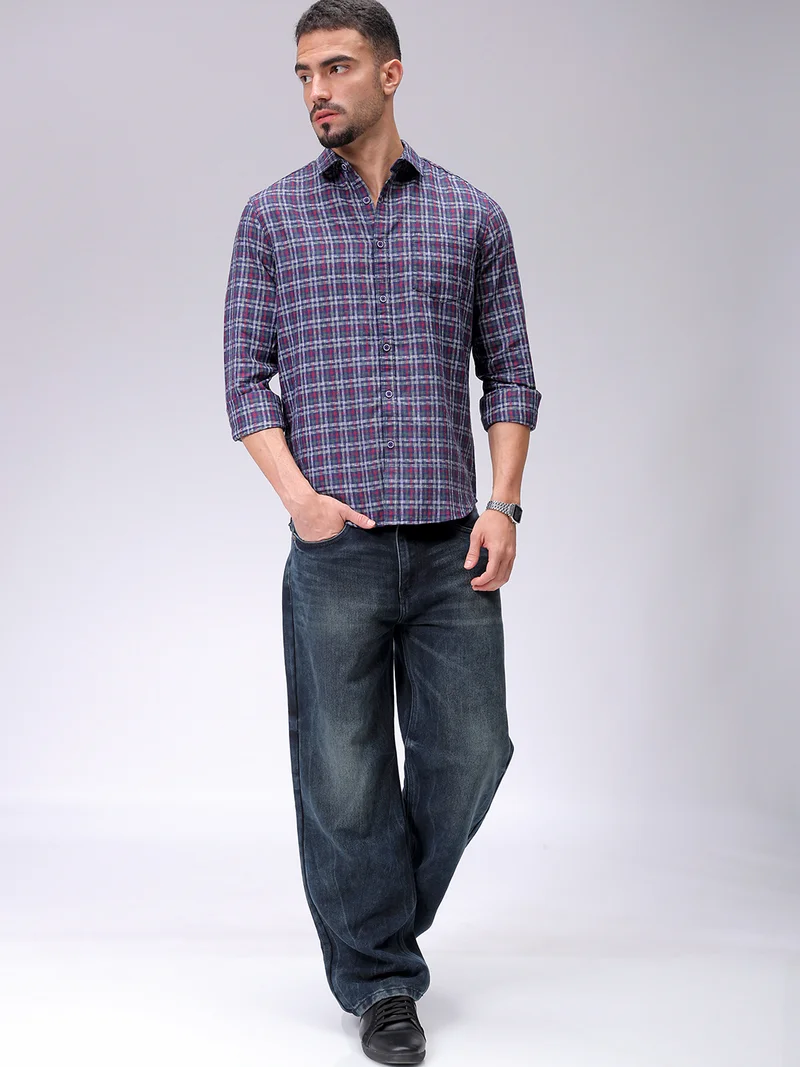 ذا انديان كراج كو Men Slim Fit Checkered Full Sleeves Cutaway Collar Casual Shirt