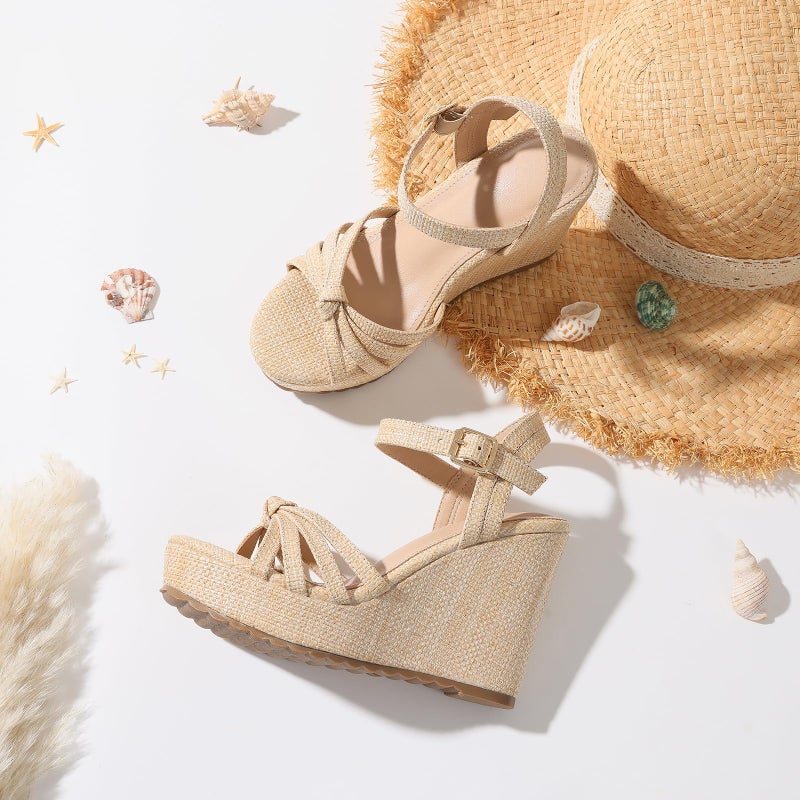 mikarka Sandals for Women 2026: Comfortable Wedge Platform Sandals Women - Braided Espadrilles for Women Ankle Strap Open Toe Wedges Heels Beach Sandals Summer Shoes Apricot Raffia, US Size 7.5 - Image 2