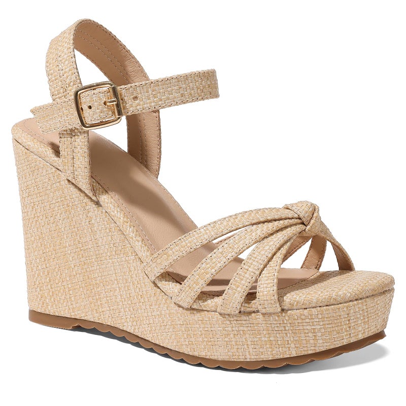 mikarka Sandals for Women 2026: Comfortable Wedge Platform Sandals Women - Braided Espadrilles for Women Ankle Strap Open Toe Wedges Heels Beach Sandals Summer Shoes Apricot Raffia, US Size 7.5 - Image 1