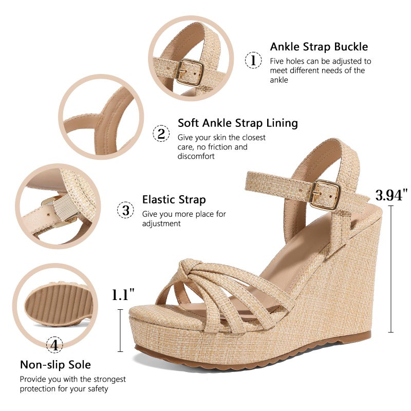 mikarka Sandals for Women 2026: Comfortable Wedge Platform Sandals Women - Braided Espadrilles for Women Ankle Strap Open Toe Wedges Heels Beach Sandals Summer Shoes Apricot Raffia, US Size 7.5 - Image 4