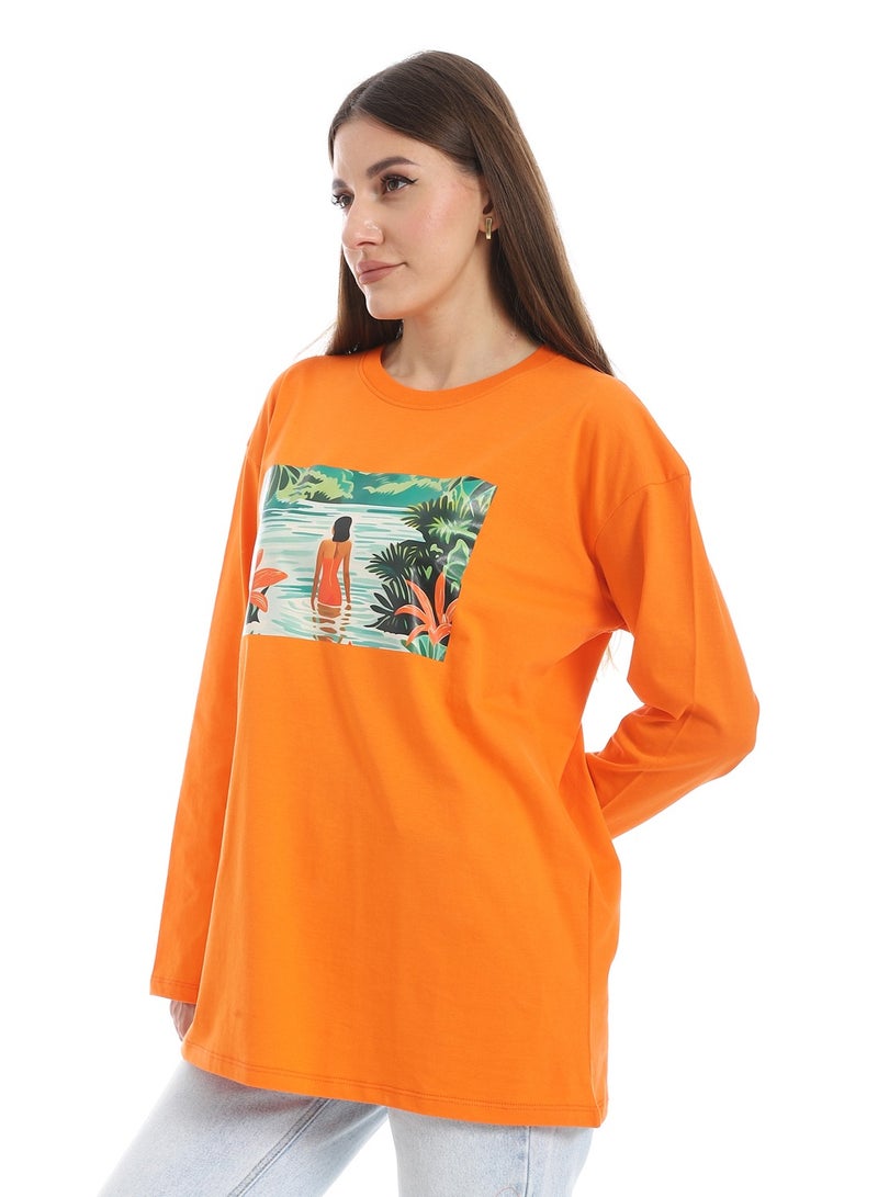 Andora Orange Long Sleeves Oversized Printed T-Shirt_Orange - Image 2