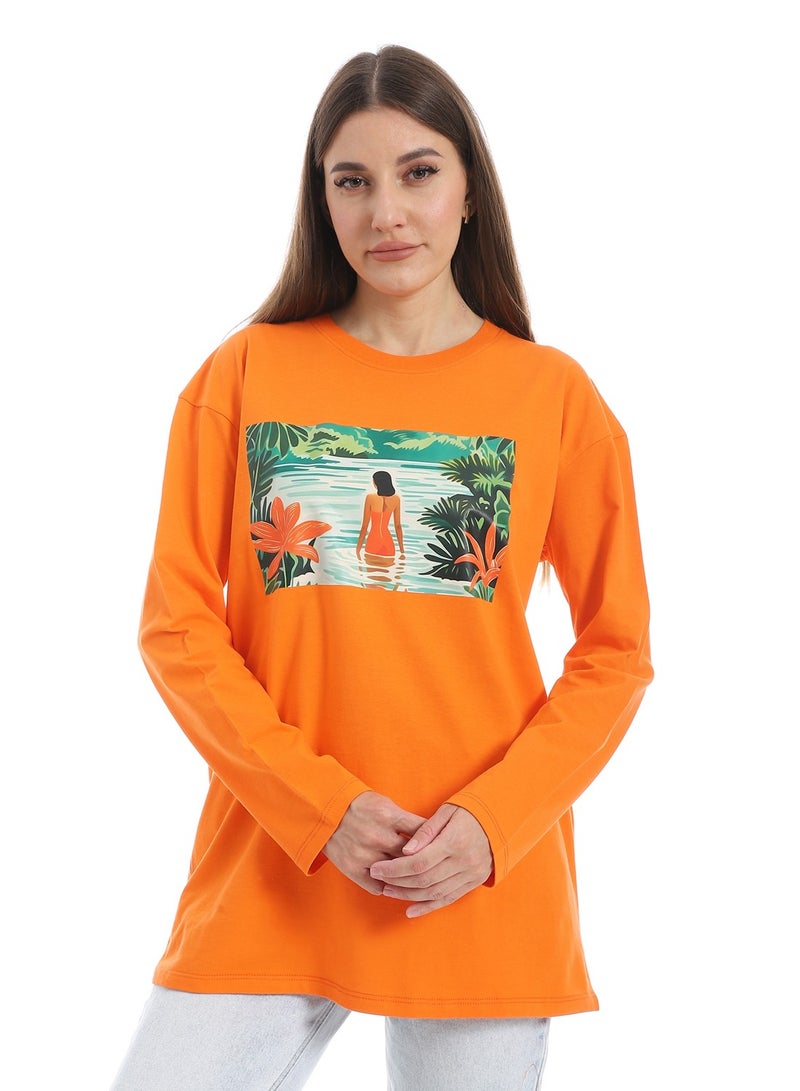 Andora Orange Long Sleeves Oversized Printed T-Shirt_Orange - Image 1