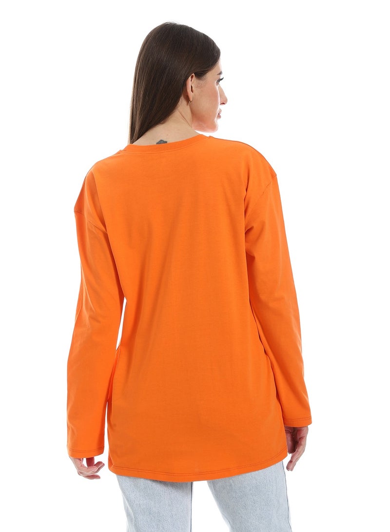 Andora Orange Long Sleeves Oversized Printed T-Shirt_Orange - Image 3