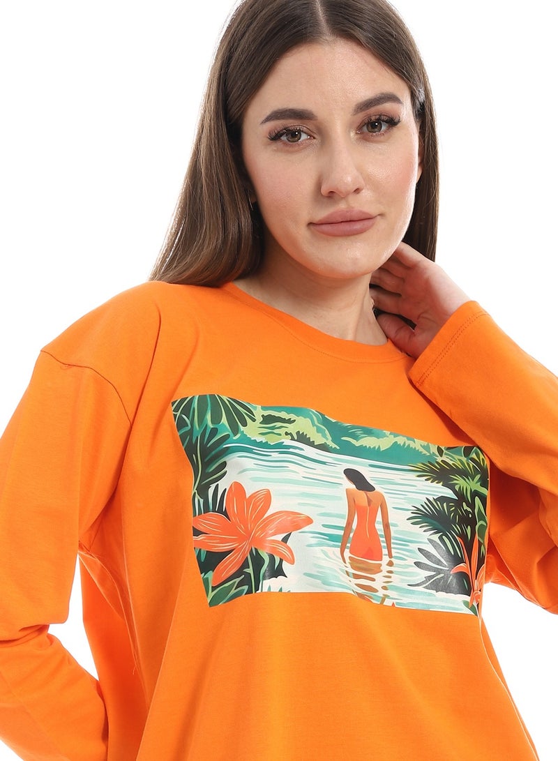Andora Orange Long Sleeves Oversized Printed T-Shirt_Orange - Image 4