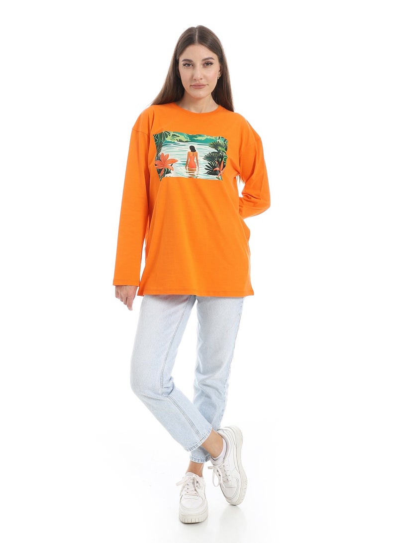 Andora Orange Long Sleeves Oversized Printed T-Shirt_Orange - Image 5