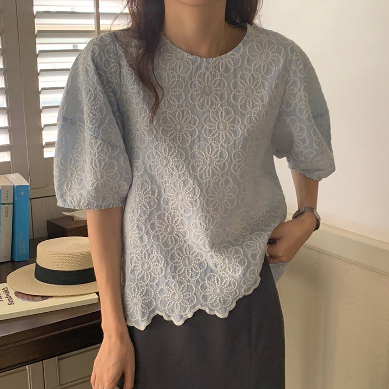 Korean Chic Embroidered Floral Puff Sleeve Shirt - Image 4
