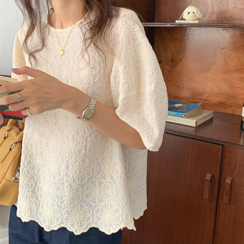 Korean Chic Embroidered Floral Puff Sleeve Shirt - Image 5