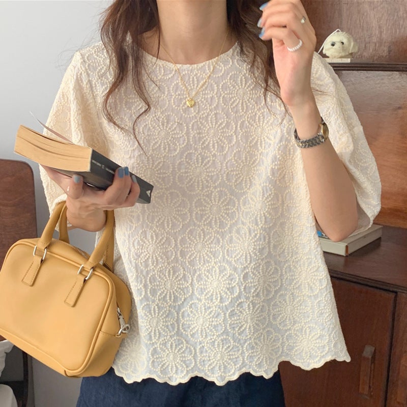 Korean Chic Embroidered Floral Puff Sleeve Shirt - Image 1