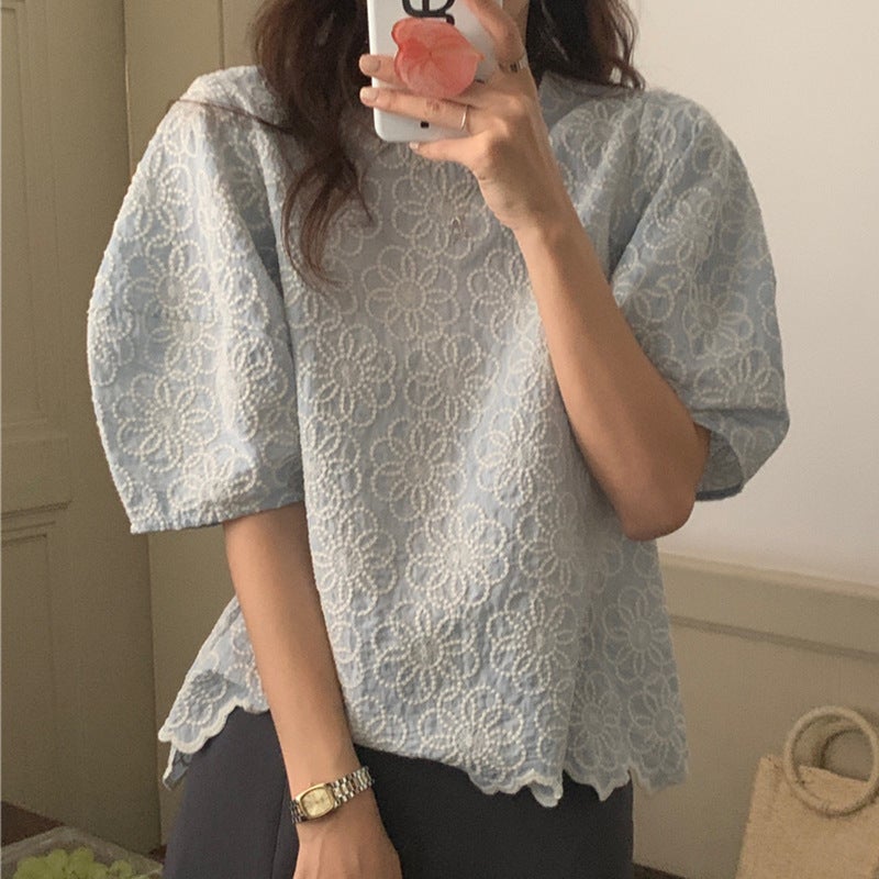 Korean Chic Embroidered Floral Puff Sleeve Shirt - Image 2