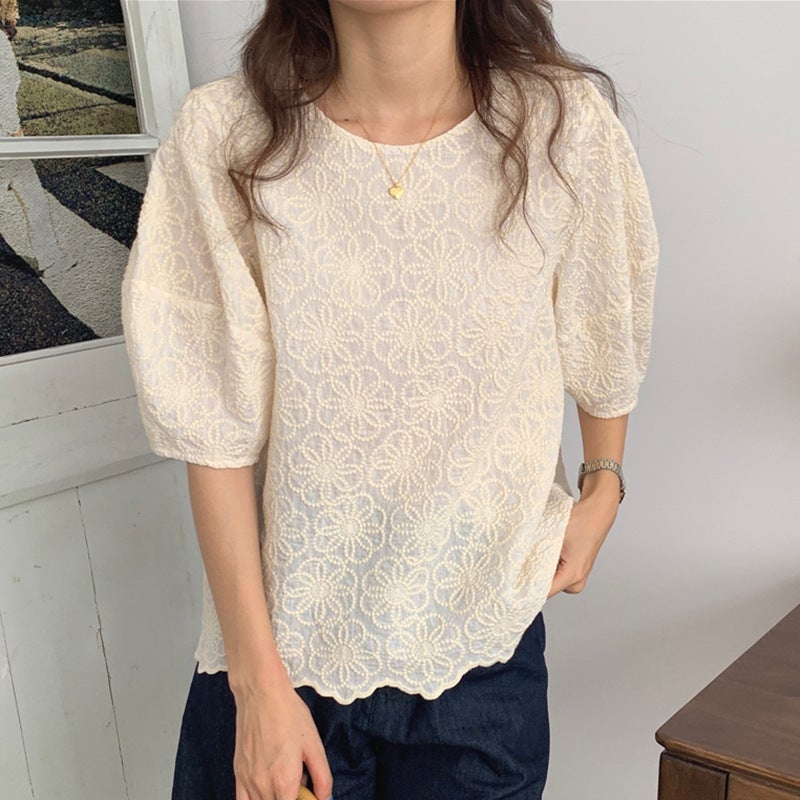 Korean Chic Embroidered Floral Puff Sleeve Shirt - Image 3