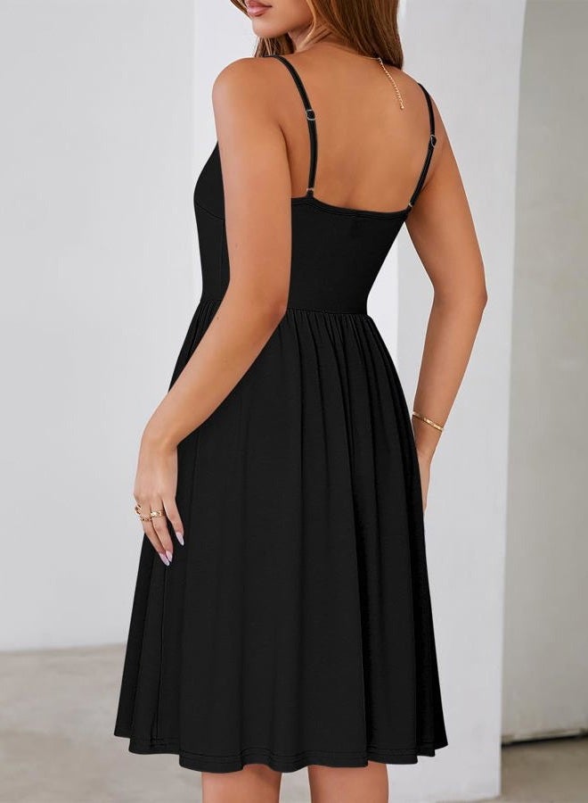YATHON Casual Dresses for Women Sleeveless Cotton Summer Beach Dress A Line Spaghetti Strap Sundresses with Pockets, Black, M - Image 2