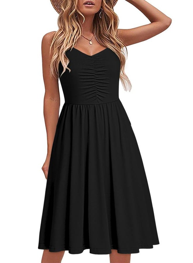 YATHON Casual Dresses for Women Sleeveless Cotton Summer Beach Dress A Line Spaghetti Strap Sundresses with Pockets, Black, M - Image 1