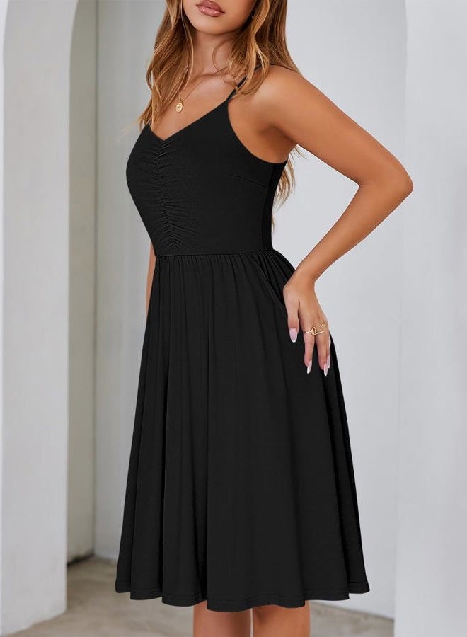 YATHON Casual Dresses for Women Sleeveless Cotton Summer Beach Dress A Line Spaghetti Strap Sundresses with Pockets, Black, M - Image 3