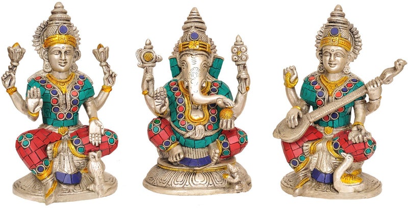 Idol Collections Brass Lakshmi Ganesha Ganesh Murti Idol Statue Saraswati Set of Three Height 6.5 Inches - Image 1