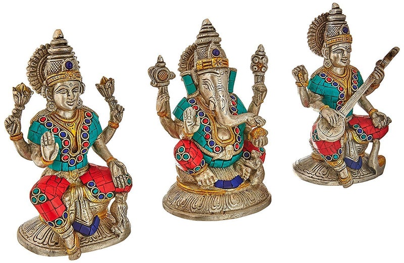 Idol Collections Brass Lakshmi Ganesha Ganesh Murti Idol Statue Saraswati Set of Three Height 6.5 Inches - Image 3