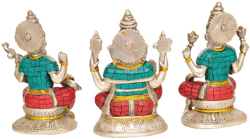 Idol Collections Brass Lakshmi Ganesha Ganesh Murti Idol Statue Saraswati Set of Three Height 6.5 Inches - Image 2