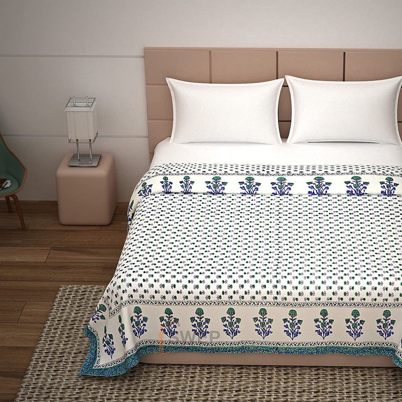 Hopee Shop 210 TC Cotton Jaipuri Floral Print Double Bed Light Weight Rajasthani Traditional Razai Blue White King - Image 2