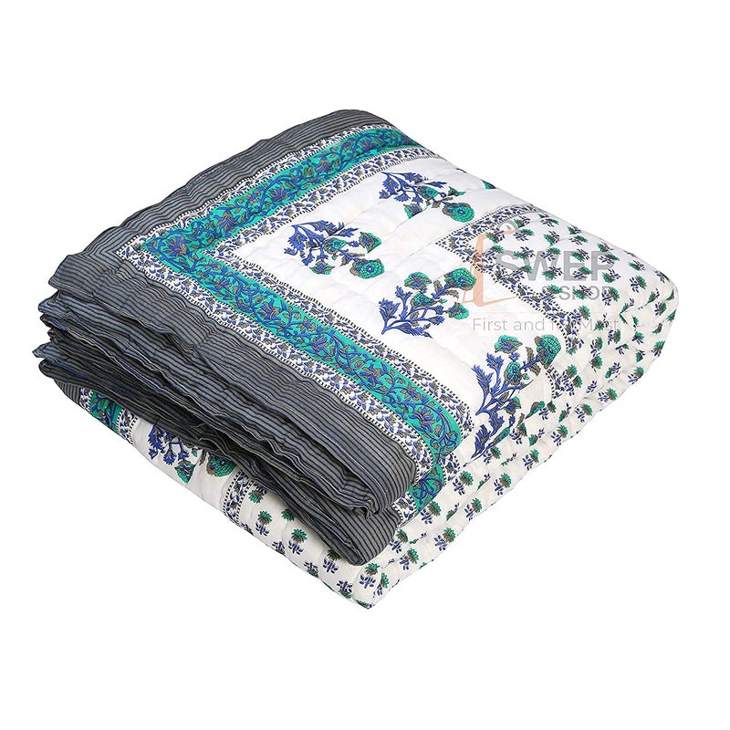 Hopee Shop 210 TC Cotton Jaipuri Floral Print Double Bed Light Weight Rajasthani Traditional Razai Blue White King - Image 4