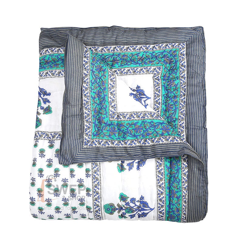 Hopee Shop 210 TC Cotton Jaipuri Floral Print Double Bed Light Weight Rajasthani Traditional Razai Blue White King - Image 3