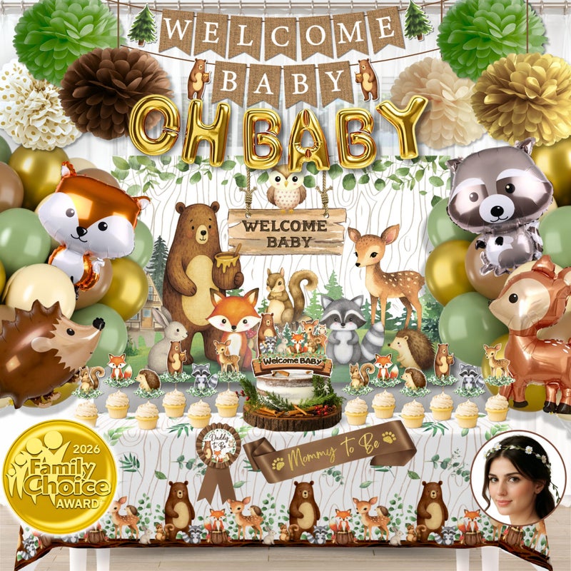 RainMeadow Premium Woodland Animal Baby Shower Decorations - Forest Animal Theme Kit for Boy or Girl with Backdrop, Balloons, Banners, Tablecloth - Image 1