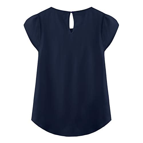 TASAMO Women's Casual Round Neck Basic Pleated Top Cap Sleeve Curved Keyhole Back Chiffon Blouse (Large, Navy Blue) - Image 2