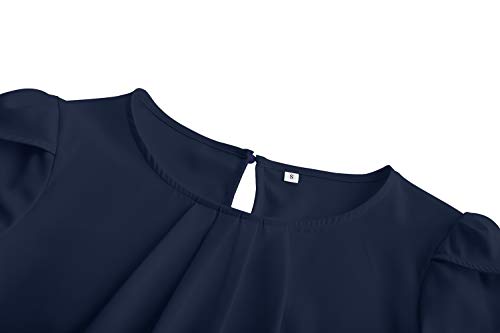 TASAMO Women's Casual Round Neck Basic Pleated Top Cap Sleeve Curved Keyhole Back Chiffon Blouse (Large, Navy Blue) - Image 3
