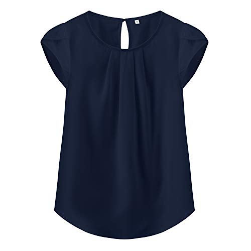 TASAMO Women's Casual Round Neck Basic Pleated Top Cap Sleeve Curved Keyhole Back Chiffon Blouse (Large, Navy Blue) - Image 1
