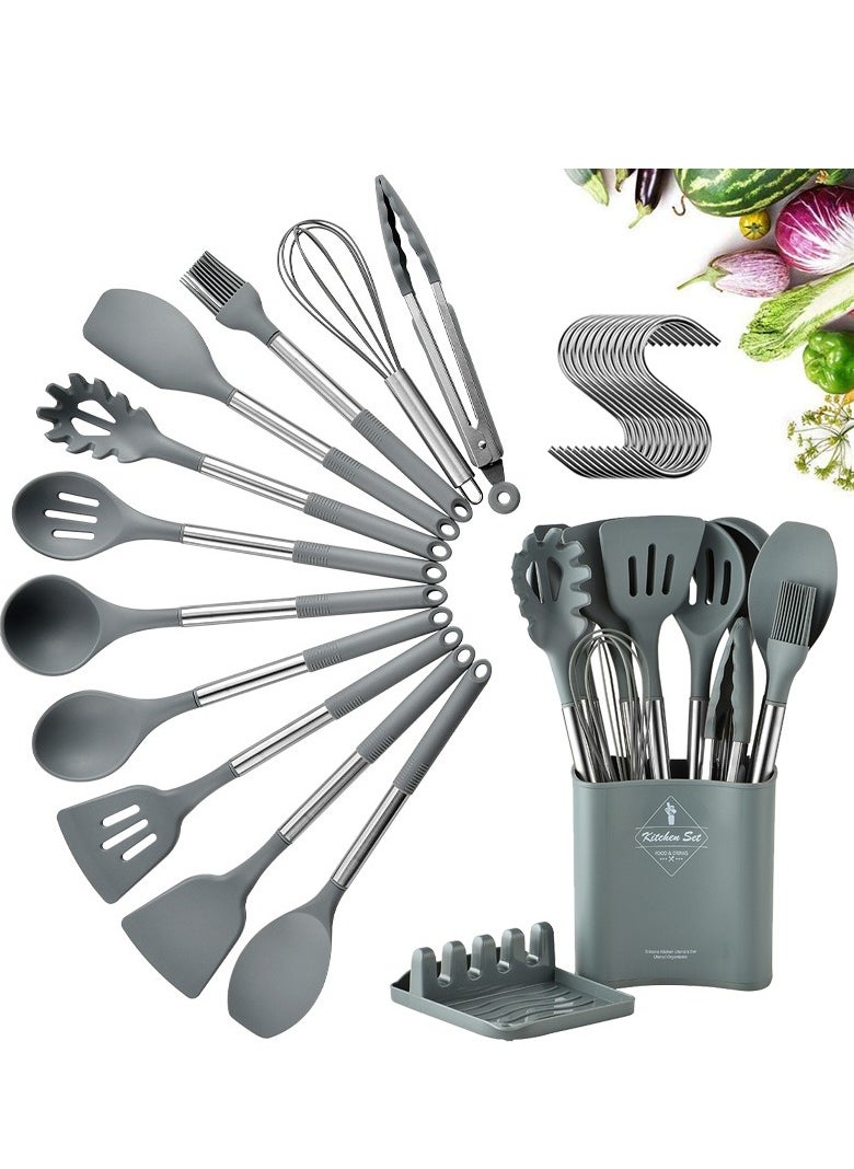 Arabest Silicone Cooking Utensil Set, Chef Kitchen Utensils 13pcs Set Non-stick Heat Resistan BPA-Free Stainless Steel Handle Tools Whisk - Grey  - Image 1