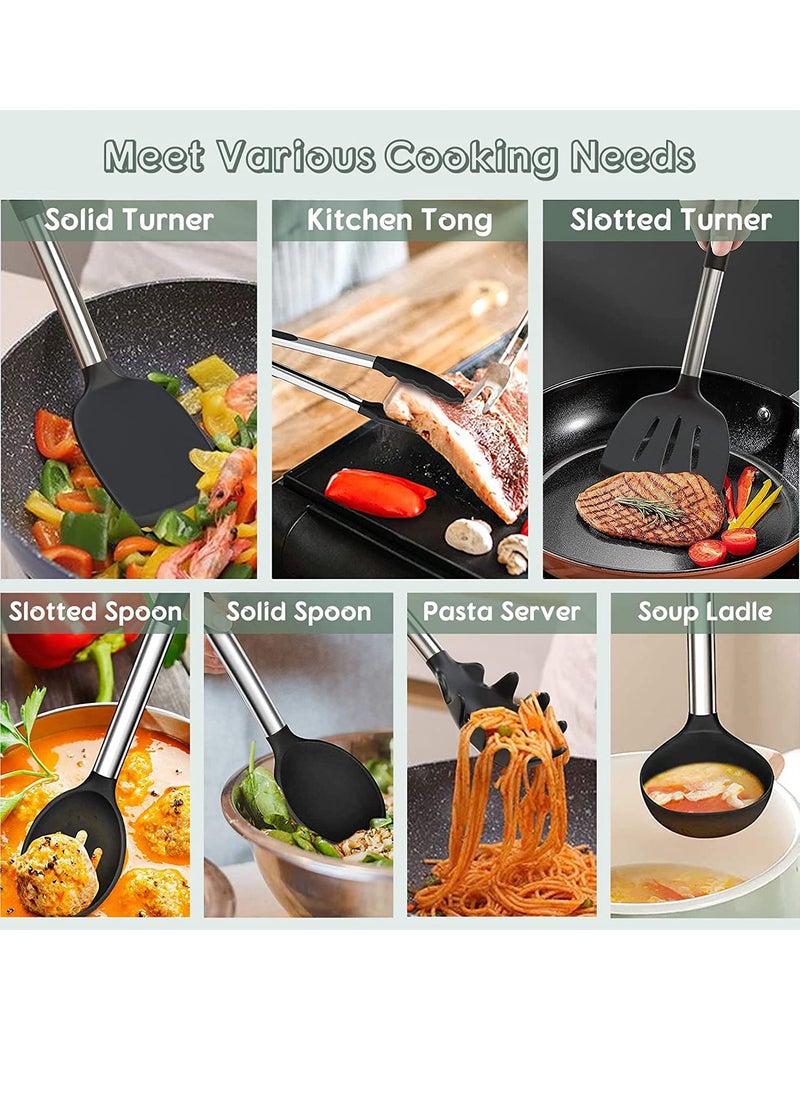 Arabest Silicone Cooking Utensil Set, Chef Kitchen Utensils 13pcs Set Non-stick Heat Resistan BPA-Free Stainless Steel Handle Tools Whisk - Grey  - Image 5