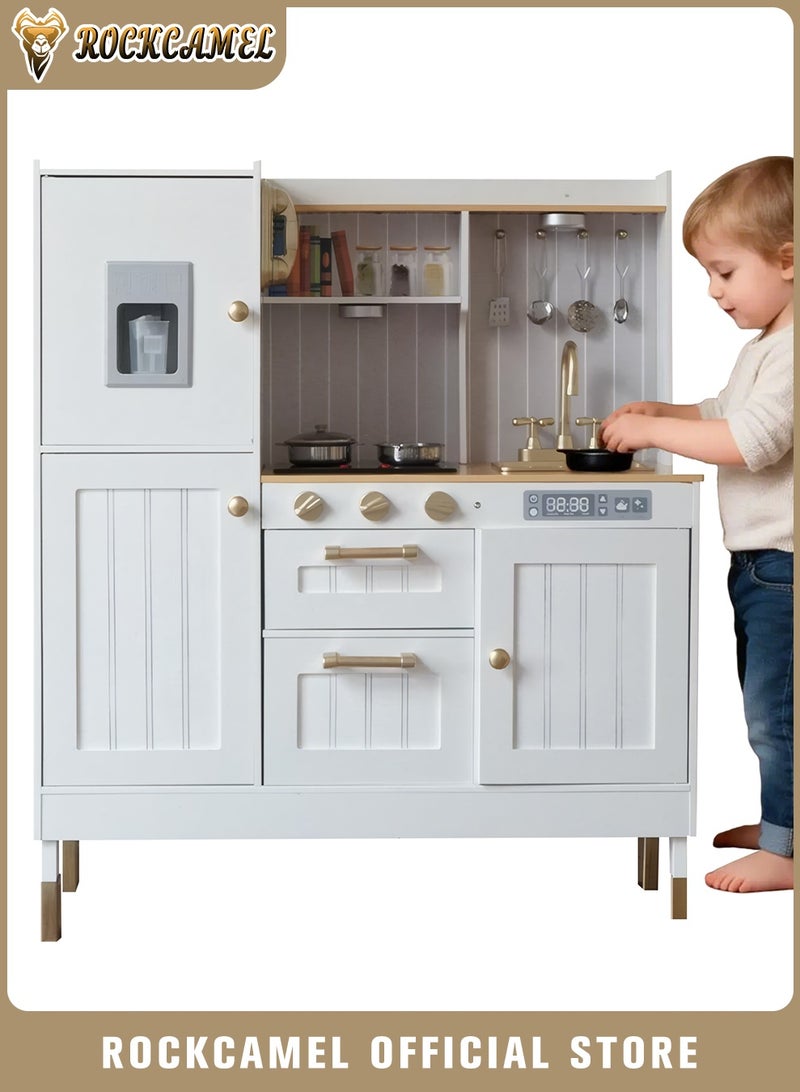 ROCKCAMEL Wooden Play Kitchen for Kids, Light & Sound Kitchen Pretend Playset with Working Sink, Faucet Toy & Storage, Interactive Kids Kitchen Playset for Role Play, Imagination & Creativity, White - Image 1