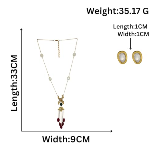 JWELLA Elegant Crescent Moon & Pearl Drop Necklace with Ruby Accents – Gold-Toned Chain, Festive & Wedding Jewelry - Image 3