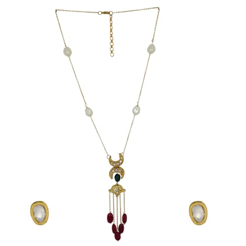 JWELLA Elegant Crescent Moon & Pearl Drop Necklace with Ruby Accents – Gold-Toned Chain, Festive & Wedding Jewelry - Image 1