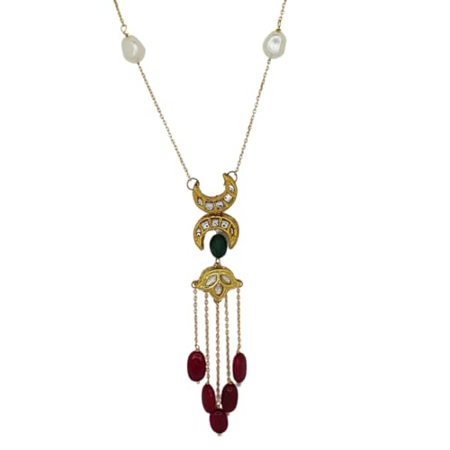 JWELLA Elegant Crescent Moon & Pearl Drop Necklace with Ruby Accents – Gold-Toned Chain, Festive & Wedding Jewelry - Image 4