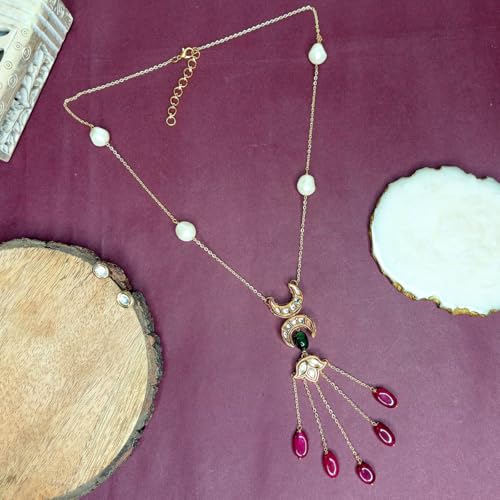 JWELLA Elegant Crescent Moon & Pearl Drop Necklace with Ruby Accents – Gold-Toned Chain, Festive & Wedding Jewelry - Image 2