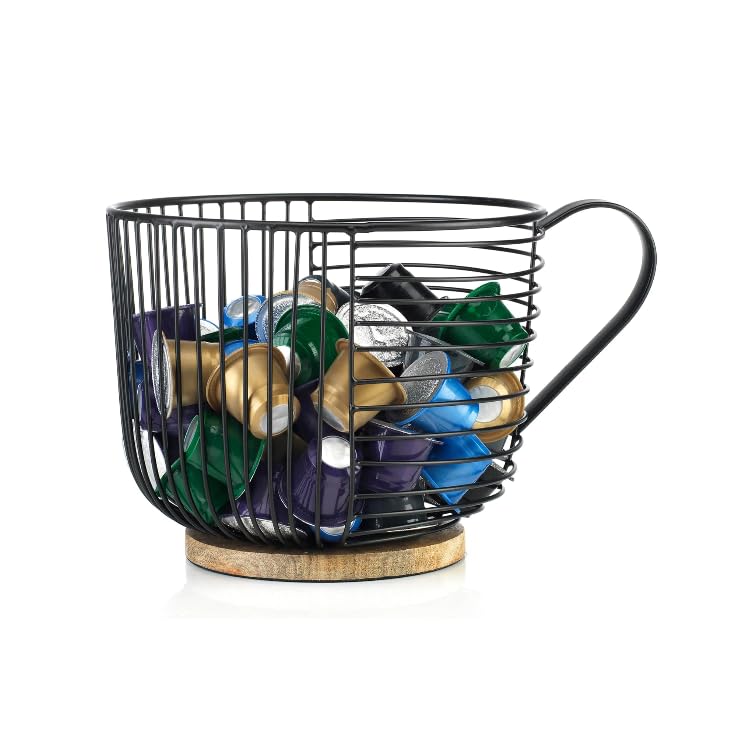 MosJos Coffee Pod Holder - Large Capacity Black Wire K Cup Storage with Wooden Base - Modern Coffee Basket Decor for Kitchen Countertop for Keurig Kcups & Espresso Capsules - Image 1