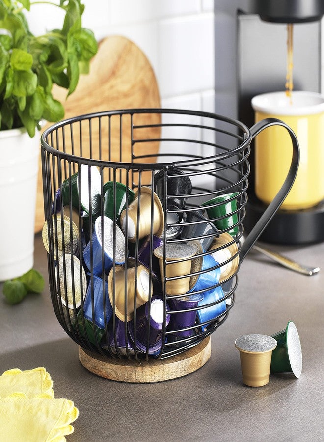 MosJos Coffee Pod Holder - Large Capacity Black Wire K Cup Storage with Wooden Base - Modern Coffee Basket Decor for Kitchen Countertop for Keurig Kcups & Espresso Capsules - Image 2