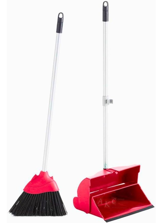 AKC Long Handle Broom and Dustpan Set – Foldable Upright Design, Lightweight & Sturdy – Standing Cleaning Combo for Home, Office, Kitchen, Indoor & Outdoor – Available in 4 Colors (Red) - Image 1