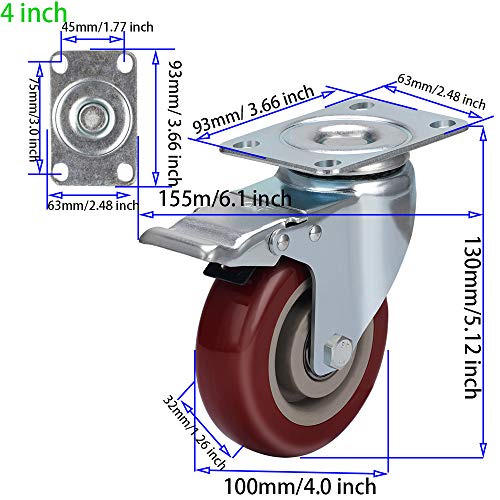 DICASAL 4 Inches Heavy Duty Plate Casters Wheels Durable Large PVC Wheels Double Brakes Castors Load Upto 1200 LBS Pack of 4 - Image 2